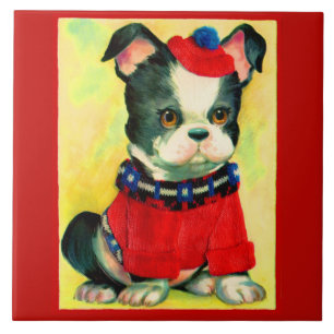 Azulejo adorable perro en gorra y suéter