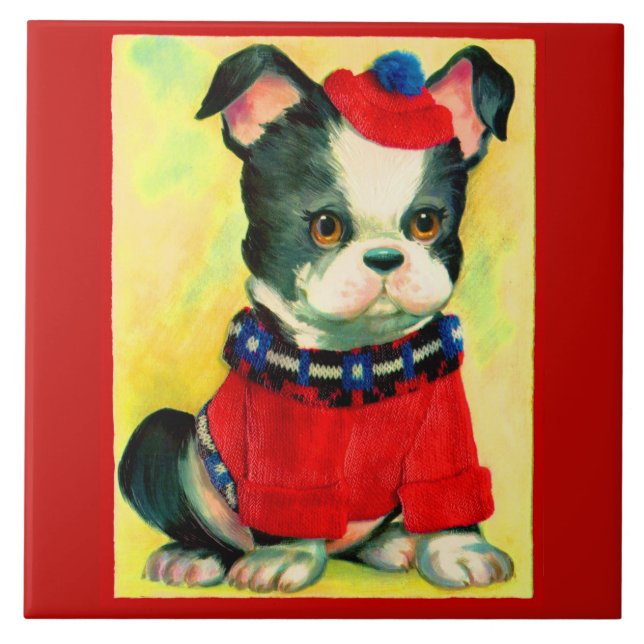 Azulejo adorable perro en gorra y suéter (Frente)