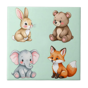 Azulejo Adorables Animales Bebés del Bosque Acuarela Paste