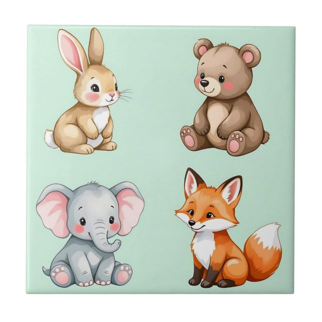 Azulejo Adorables Animales Bebés del Bosque Acuarela Paste (Frente)