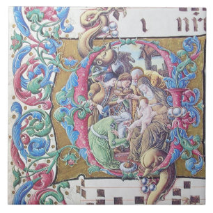 AZULEJO ADORACIÓN DE MAGOS , MONOGRAMA DE NATIVIDAD CON DE