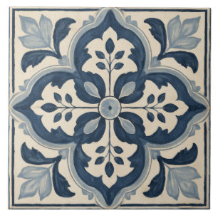 Azulejo Adorno Botánico de Cuatro Hojas Índigo