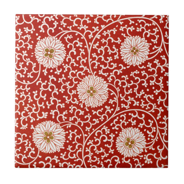 Azulejo Adorno chino rojo blanco floral de Owen Jones (Frente)