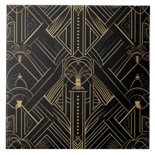 Azulejo Adorno de línea fina Art Déco dorado y negro