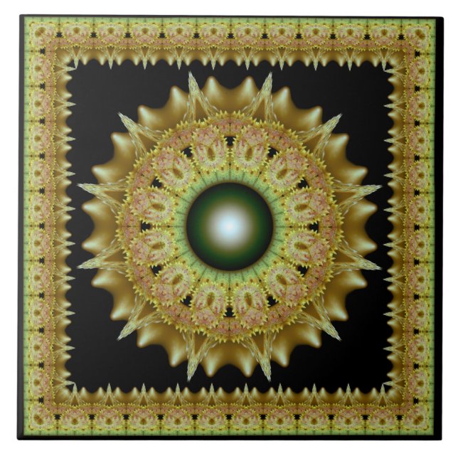 Azulejo Adorno de mandala fractal dorado (Frente)