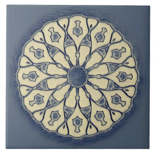 Azulejo Adorno de Mandala Radial Azul Beige Vintage