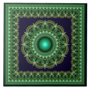 Azulejo Adorno enmarcado fractal caleidoscópico verde