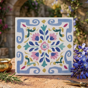 Azulejo Adorno Floral Simétrico Pastel