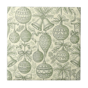 Azulejo Adorno Navideño Vintage Toile Verde Sage Crema