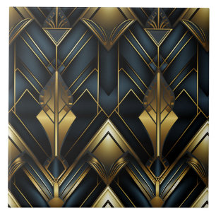 Azulejo Adorno puntiagudo Art Déco en dorado y azul marino