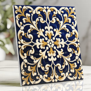 Azulejo Adornos Azules y Dorados Ornamentados