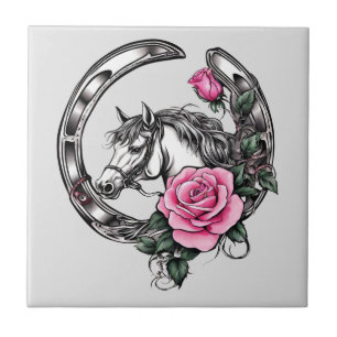 Azulejo Afortunada herradura y rosas rosadas