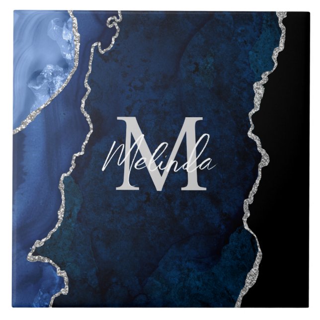 Azulejo Agante de mármol azul y plateado de la marina (Frente)