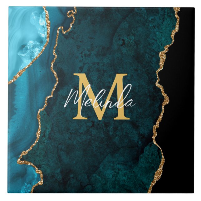 Azulejo Agante verde azulado de mármol azul y oro (Frente)