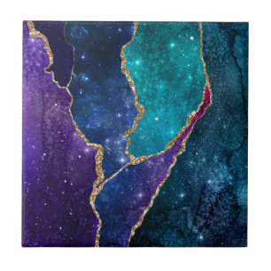 Azulejo Ágata Venas Azul Púrpura Acuarela Dorado