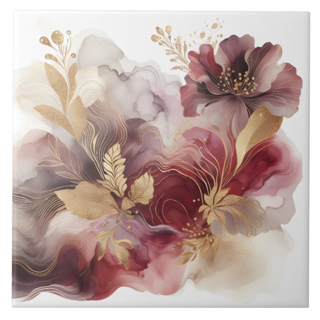 Azulejo Agate floral Purpurina de Borgoña y Oro (Frente)