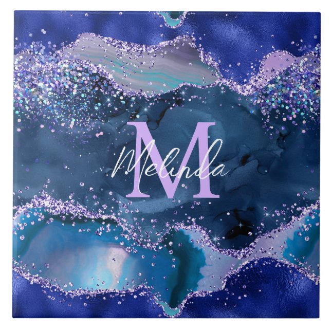 Azulejo Agato oceánico azul oscuro y morado Purpurina (Frente)