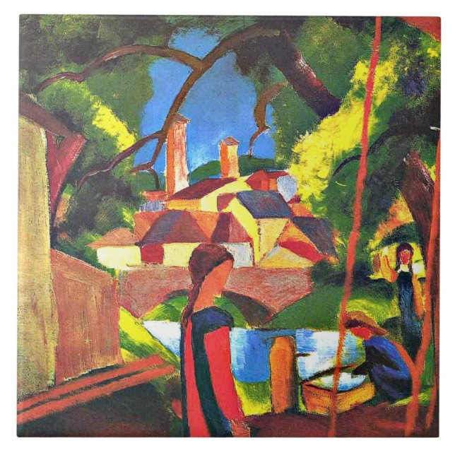 Azulejo Agosto Pintura de Macke, Niños en la Fuente (Frente)