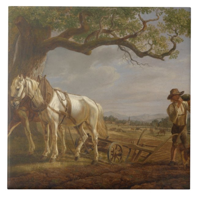 Azulejo Agricultores descansando en un campo con caballos  (Frente)