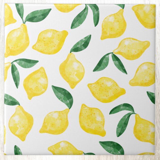 Azulejo Agua de Citrus limón (Modern citrus lemon watercolor pattern decorative ceramic tile)