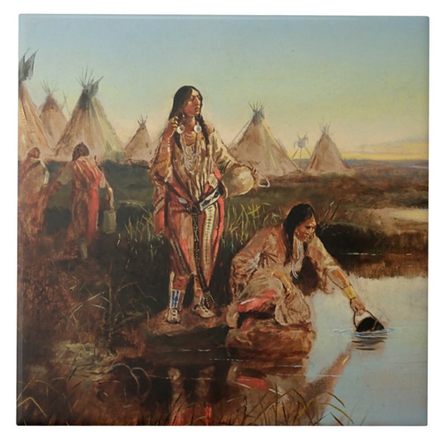 Azulejo “Agua para el campamento” Arte vaquero de Charles  (Frente)