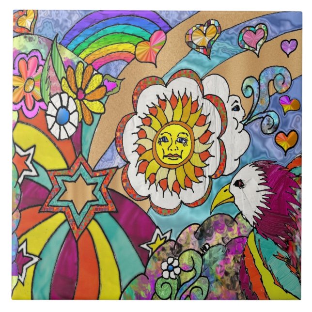 Azulejo Águila de sol psicodélica de los años 60 (Frente)