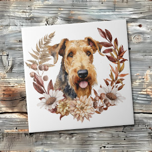 Azulejo Airedale Terrier Dog Autumn Wreath