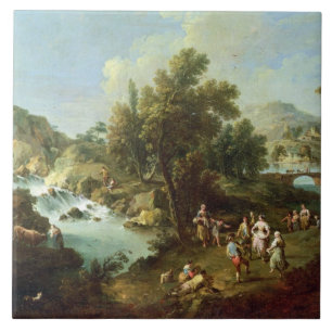 Azulejo Ajardine con un río y los campesinos del baile