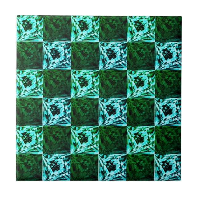 Azulejo Ajedrez azul verde y cielo o cian, con rectángulo (Frente)