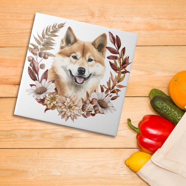 Azulejo Akita Inu Dog Otumn Wreath (Subido por el creador)