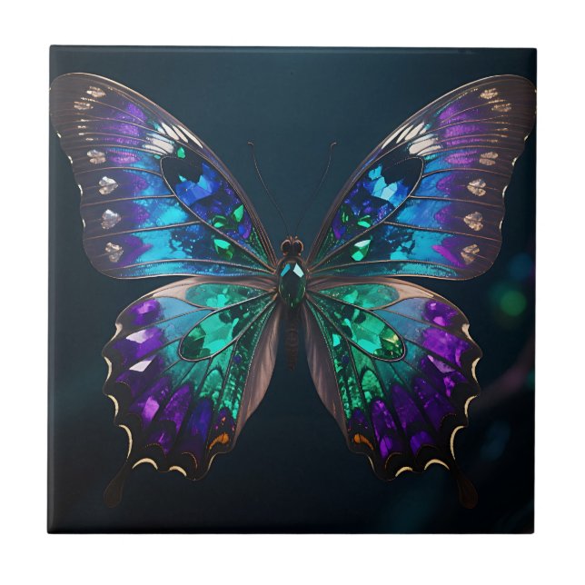 Azulejo Alas de Mariposa Enjoyada Azul Purpúrea Irisada (Frente)