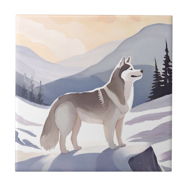 Azulejo Alaskan Husky | Dog Mountain Watercolor (Frente)