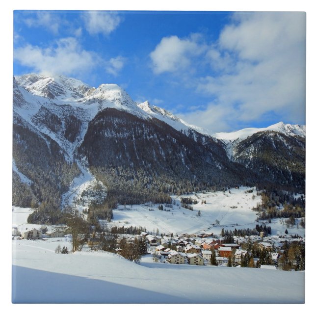 Azulejo Aldea de Suiza en el valle de la montaña (Frente)