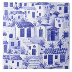 Azulejo Aldea griega somnolienta, Grecia Viaja azul y blan