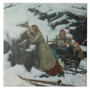 Azulejo Aldea quemada en invierno (por Albert Edelfelt)
