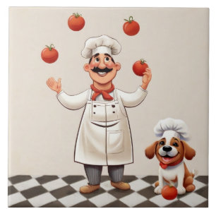 Azulejo Alegre chef haciendo malabarismos con tomates con 