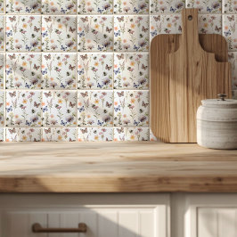 Azulejo Alegre Mariposa y Abeja de Acuarela de Flores Silv
