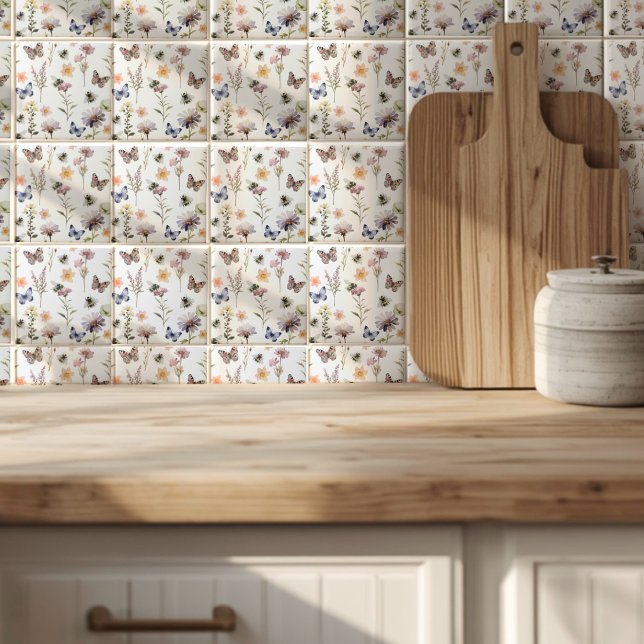 Azulejo Alegre Mariposa y Abeja de Acuarela de Flores Silv (Subido por el creador)