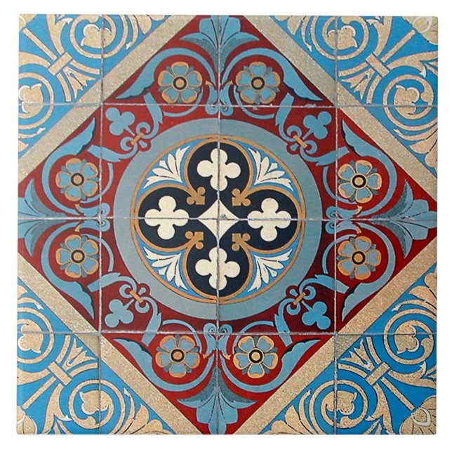 Azulejo Alemán Geométrico Art Nouveau Jugendstil azul rojo (Frente)