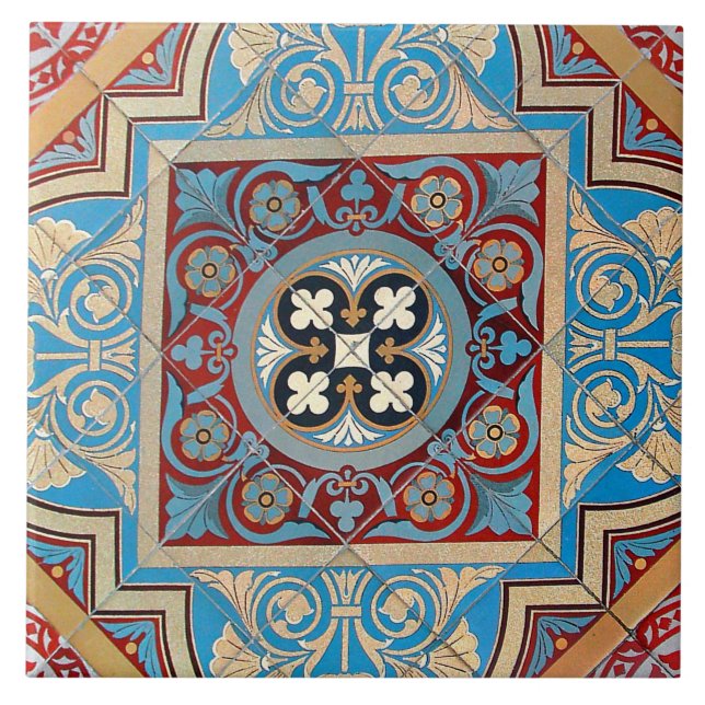 Azulejo Alemán Geométrico Art Nouveau Jugendstil azul rojo (Frente)