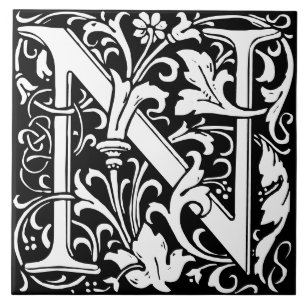 Azulejo Alfabeto floral Letra monograma N mosaico