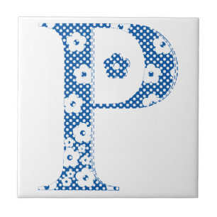 Azulejo alfabeto floral P (azul y puntos)