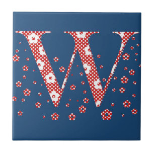 Azulejo alfabeto floral W (rojo y puntos)