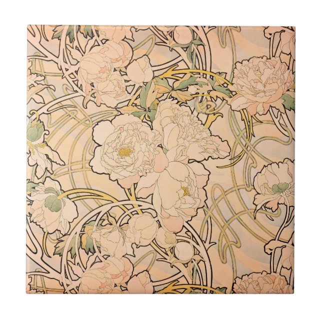 Azulejo Alfonse Mucha Art Nouveau Peonies (Frente)