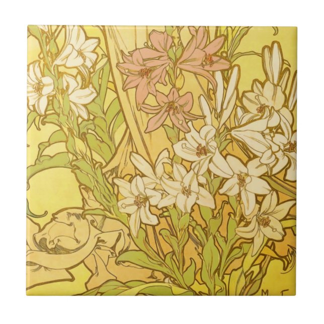 Azulejo Alfonse Mucha Flores de lirio Art Nouveau (Frente)