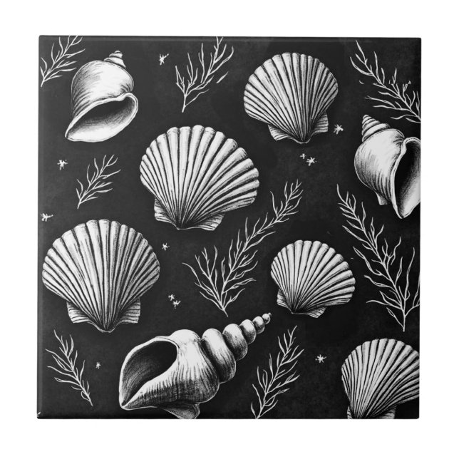 Azulejo Algas marinas y algas en blanco y negro (Frente)