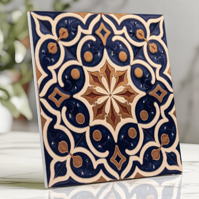Azulejo Alhambra Morisco Geométrico Azul Marino Dorado (Subido por el creador)
