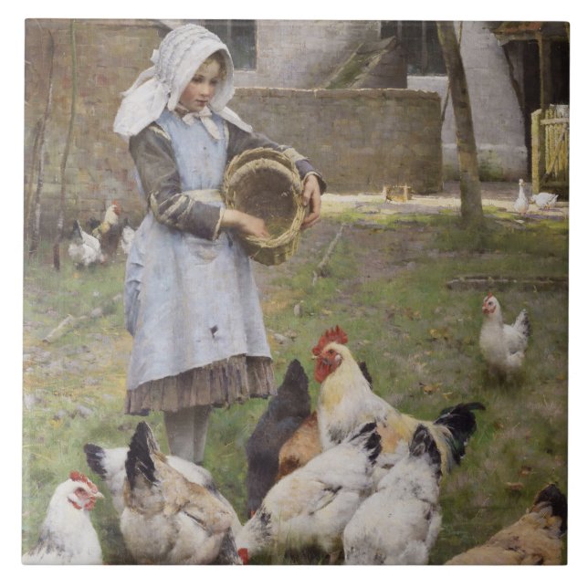 Azulejo Alimentando a los pollos (por Walter Frederick Osb (Frente)