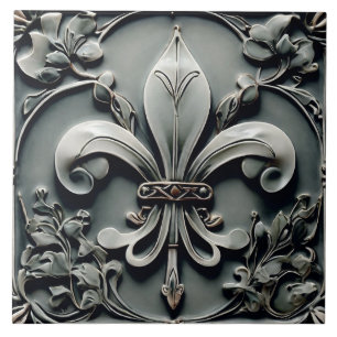 Azulejo Alivio de Fleur de Lis Carbón Gris oscuro Faux Fau
