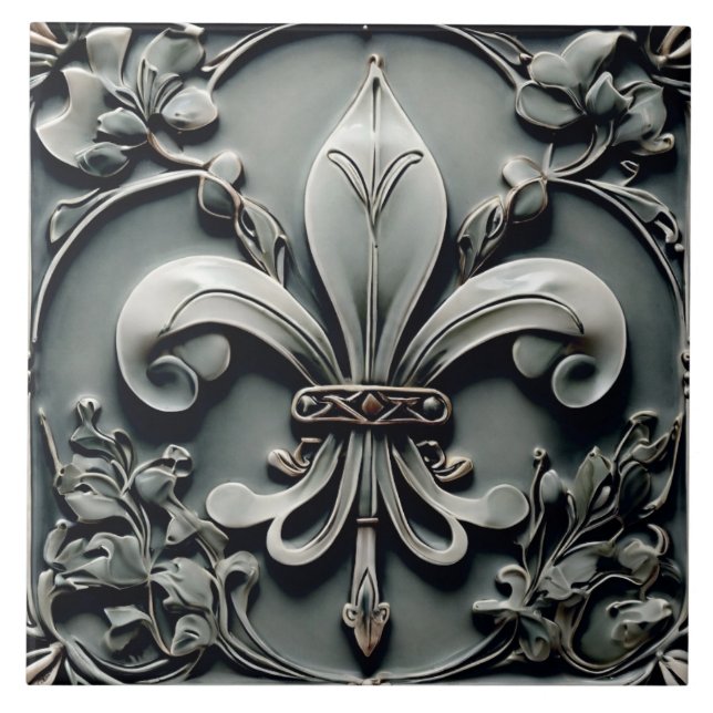 Azulejo Alivio de Fleur de Lis Carbón Gris oscuro Faux Fau (Frente)